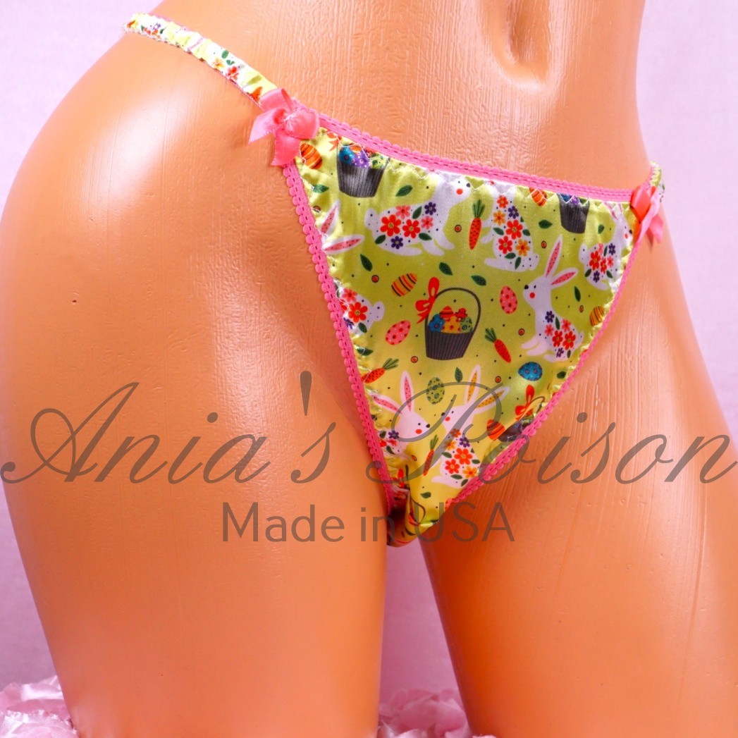 Satin Sissy Panties DUCHESS CUT Lime Green Easter Bunny women’s string bikini