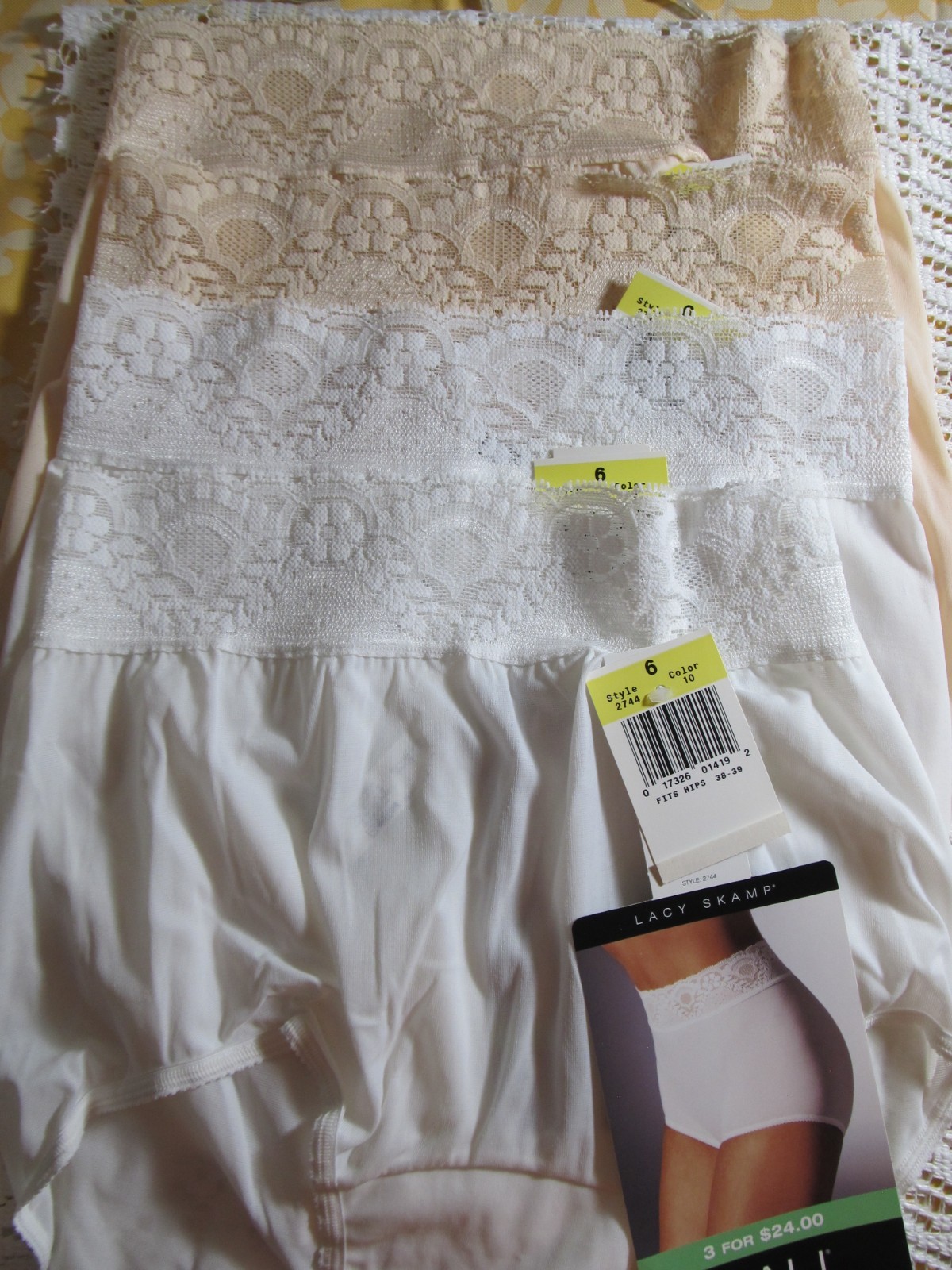NWT BALI 2 WHITE & 2 NUDE LACE WAISTBAND STRETCH BRIEF PANTIES 2744~ SZ 6