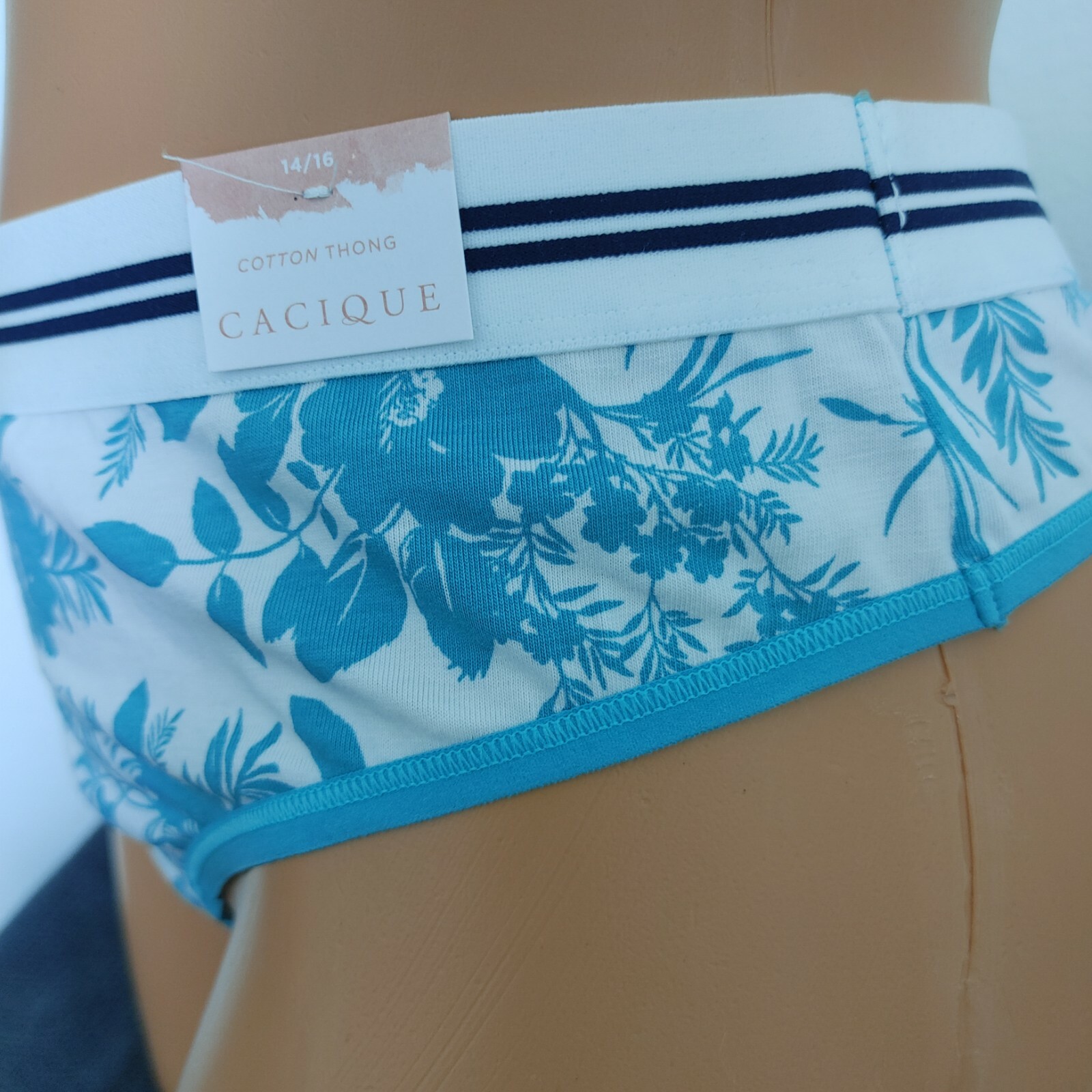 NWT LANE BRYANT CACIQUE PLUS 14/16 COTTON THONG PANTY TEAL BLUE FLORAL TROPICAL