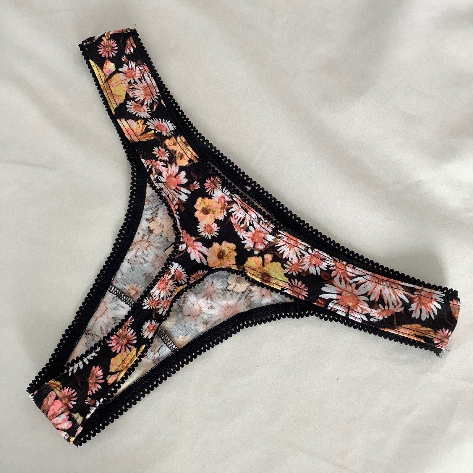 Victoria’s Secret Black Orange Floral Print High Leg Thong Panties – XL – BNWT