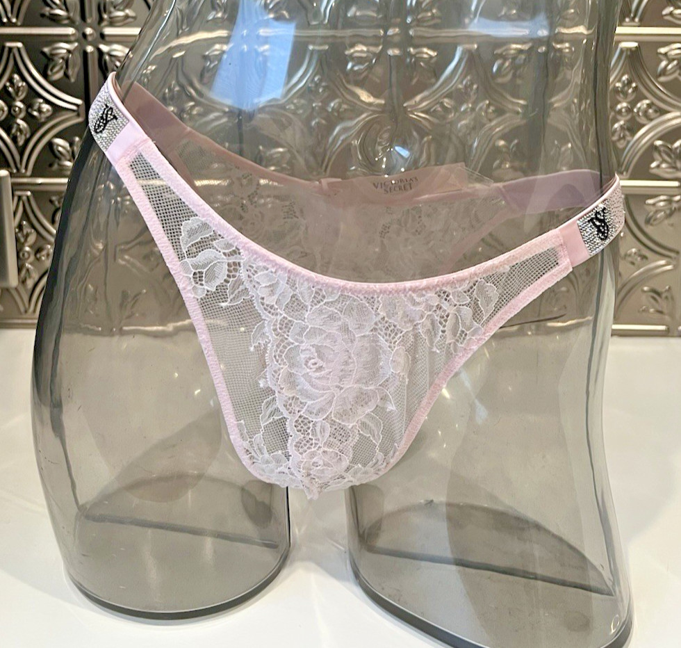Victoria’s Secret Shine Strap Lace Crotchless Brazilian Panty M ANGEL PINK NWT
