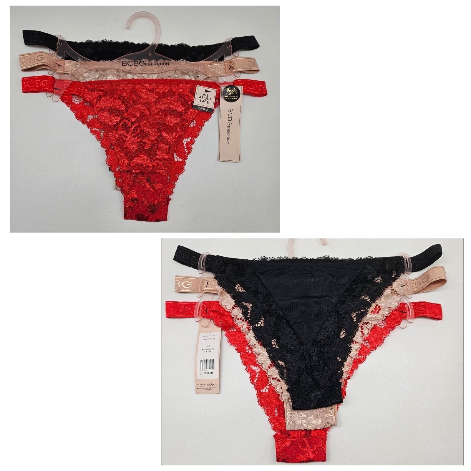 BCBGeneration 3 Pack Women’s S M L XL Lace Logo Thong Black Beige Red