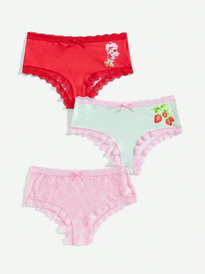 Strawberry Shortcake Kawaii Cute Pink Red Lace Brief Panties Pack of 3