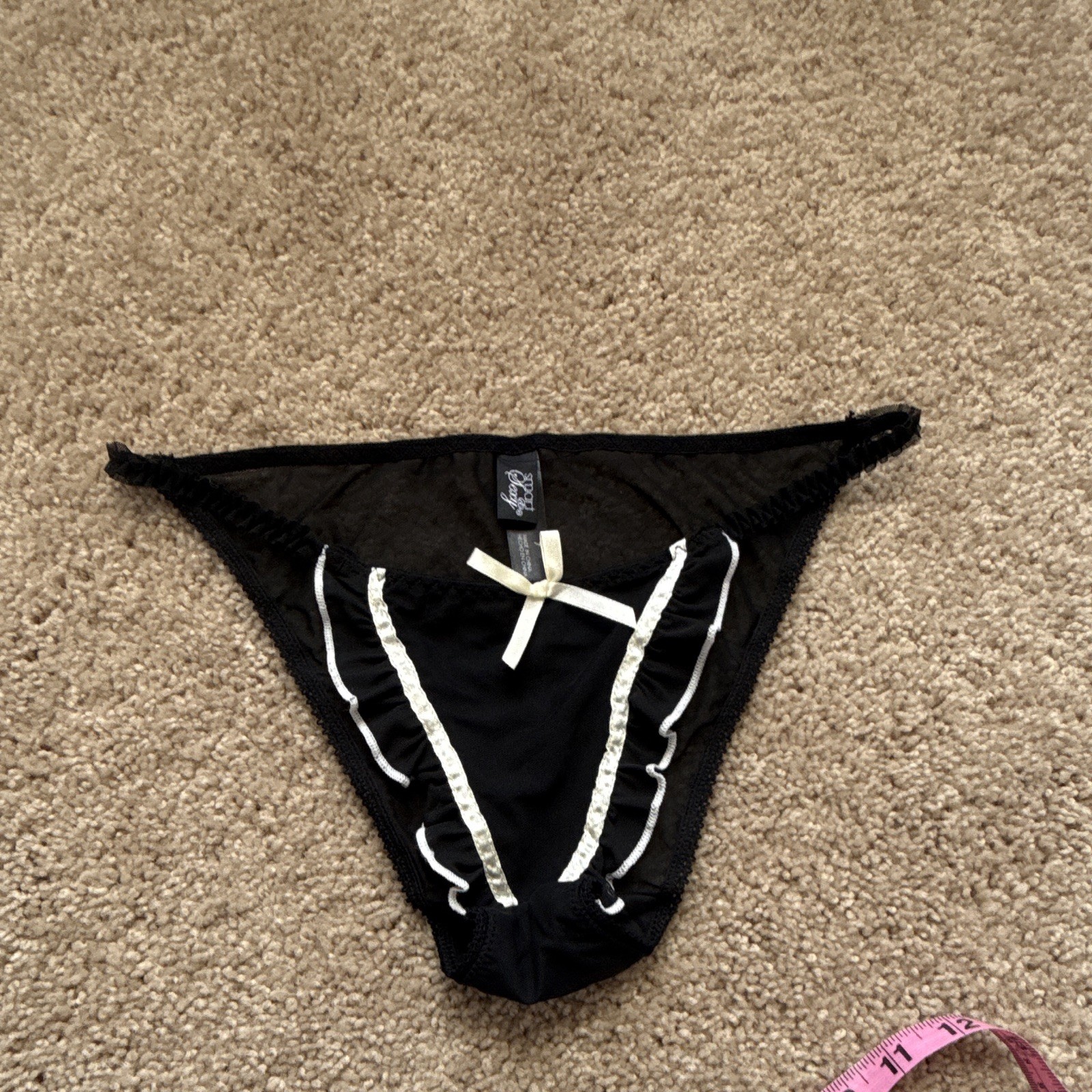 Smart & Sexy /String Panties Womens 7 Black Mesh Sheer Stretch Bow Ruffle