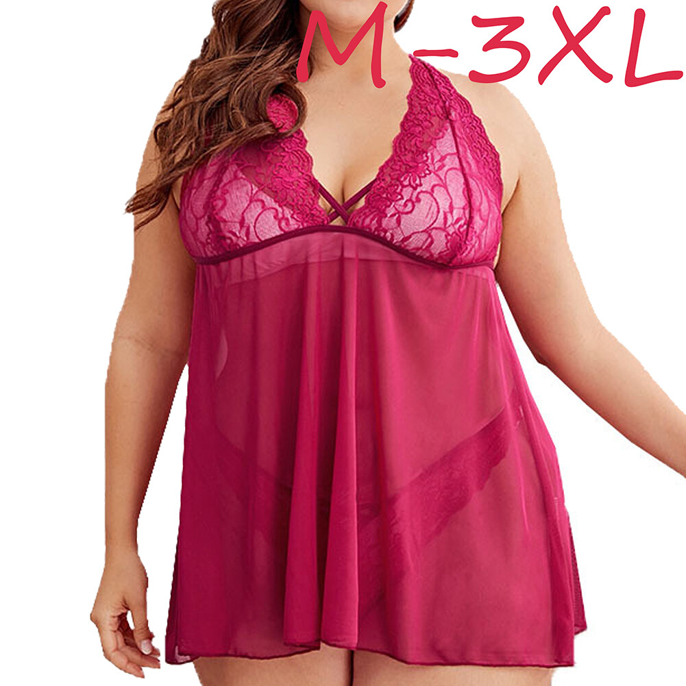 Plus Size Sexy Lingerie for Women Lace Mesh Short Dress G-String Babydoll Set US