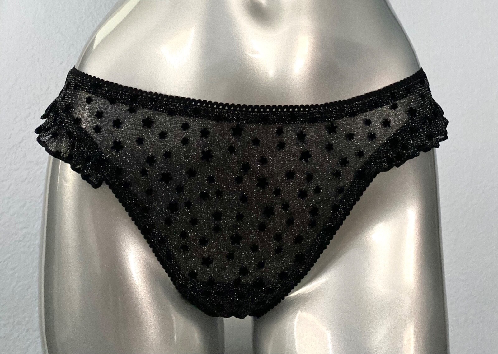 Victoria’s Secret Thong Panty Black Shimmer Stretch Star Print Ruffled Side M L