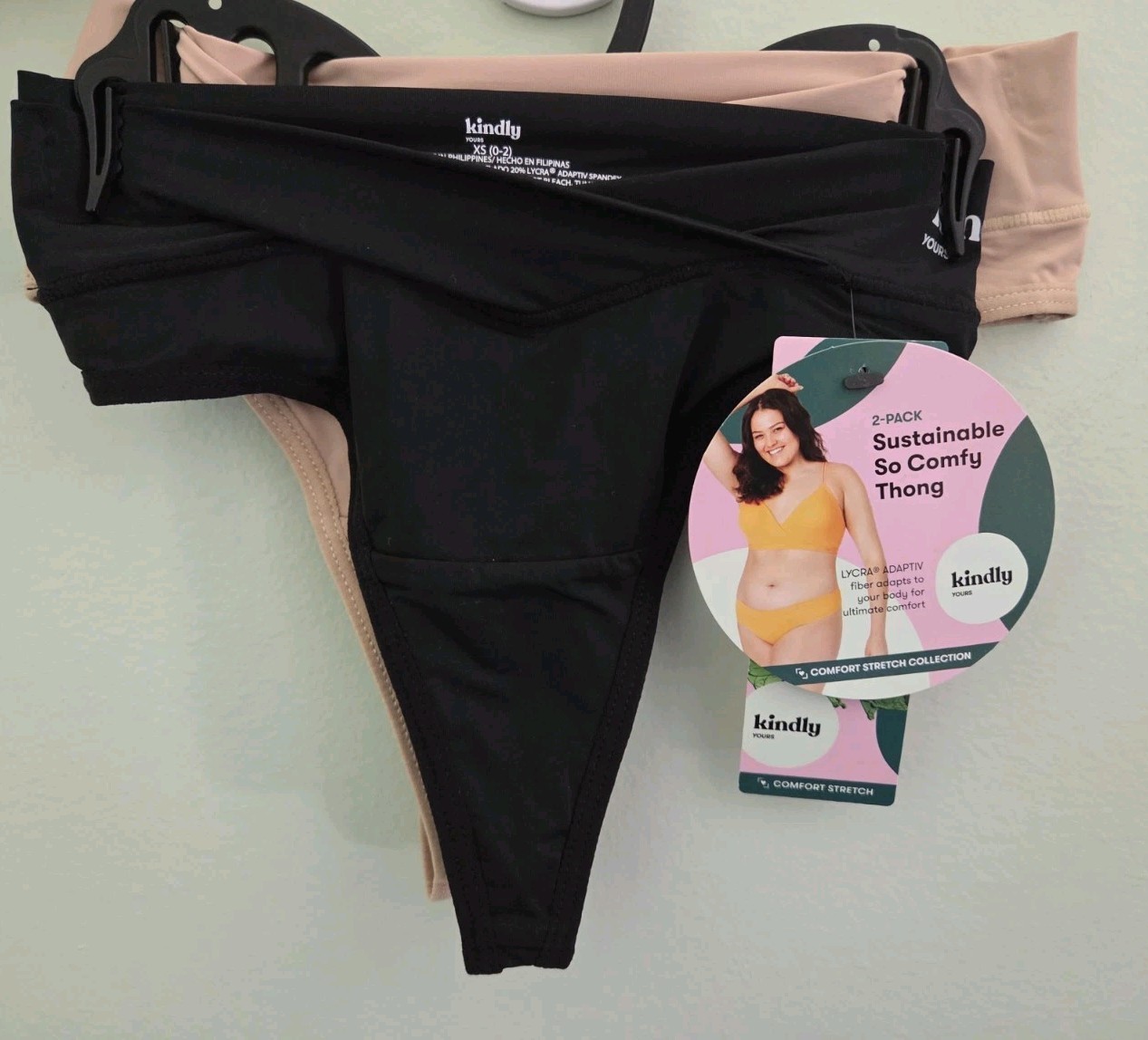 Kindly Yours Women’s XS 0-2 Crossover Thong Panties 2 PACK Black Beige #10726