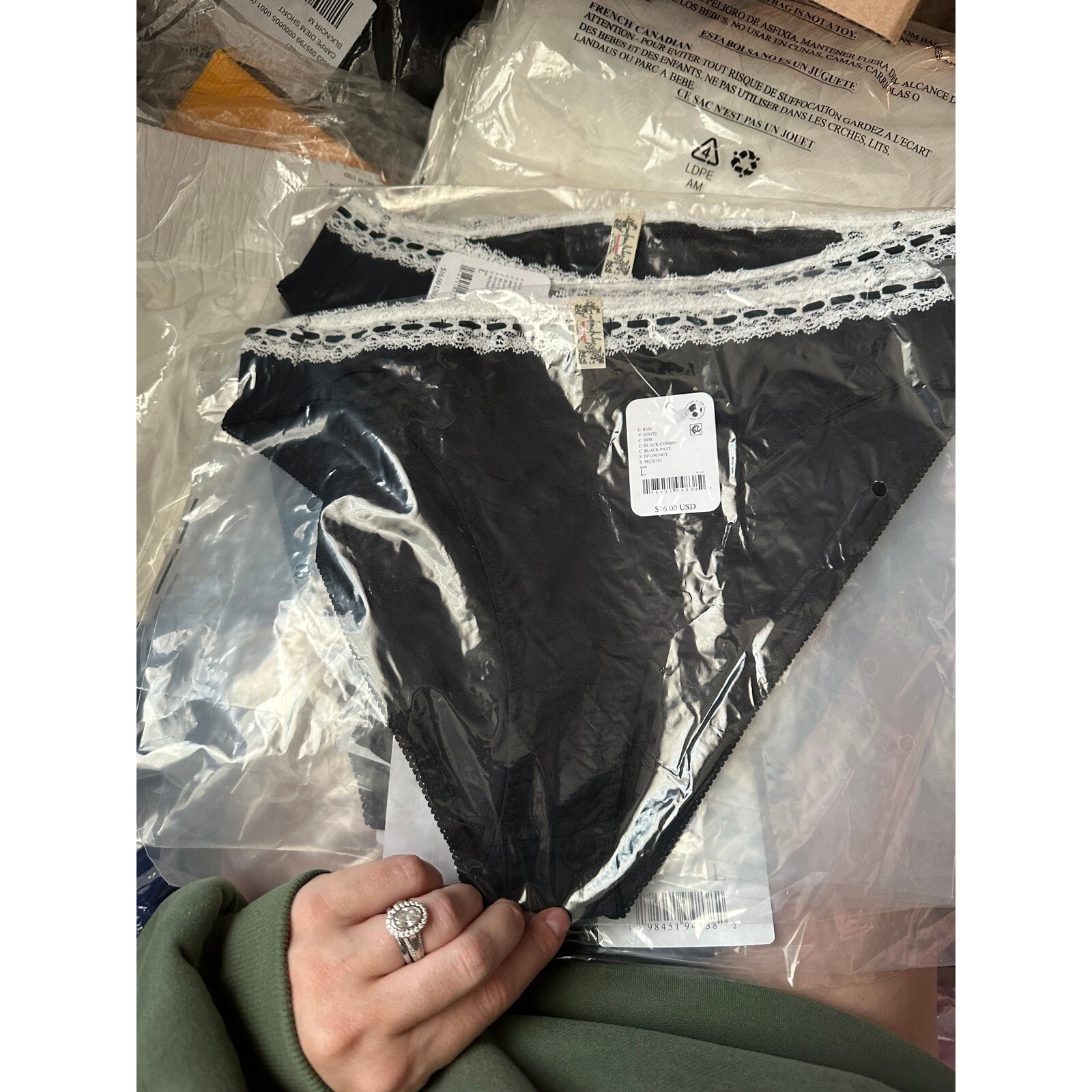 NWT Free People Intimately Black Bikini Panties Lace Trim Low Rise Underwear LG