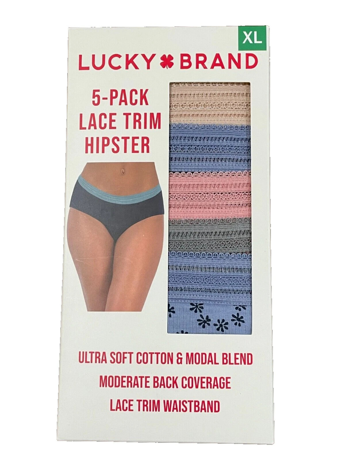 LUCKY BRAND Women’s Underwear 5-Pack Lace Trim Hipster, size XL