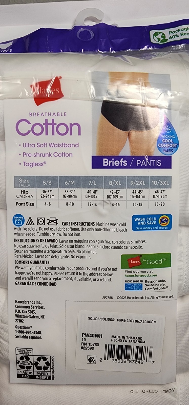 Hanes Breathable Cotton Valu Pak 10 Tagless Briefs Size 10/3XL Preshrunk Cotton