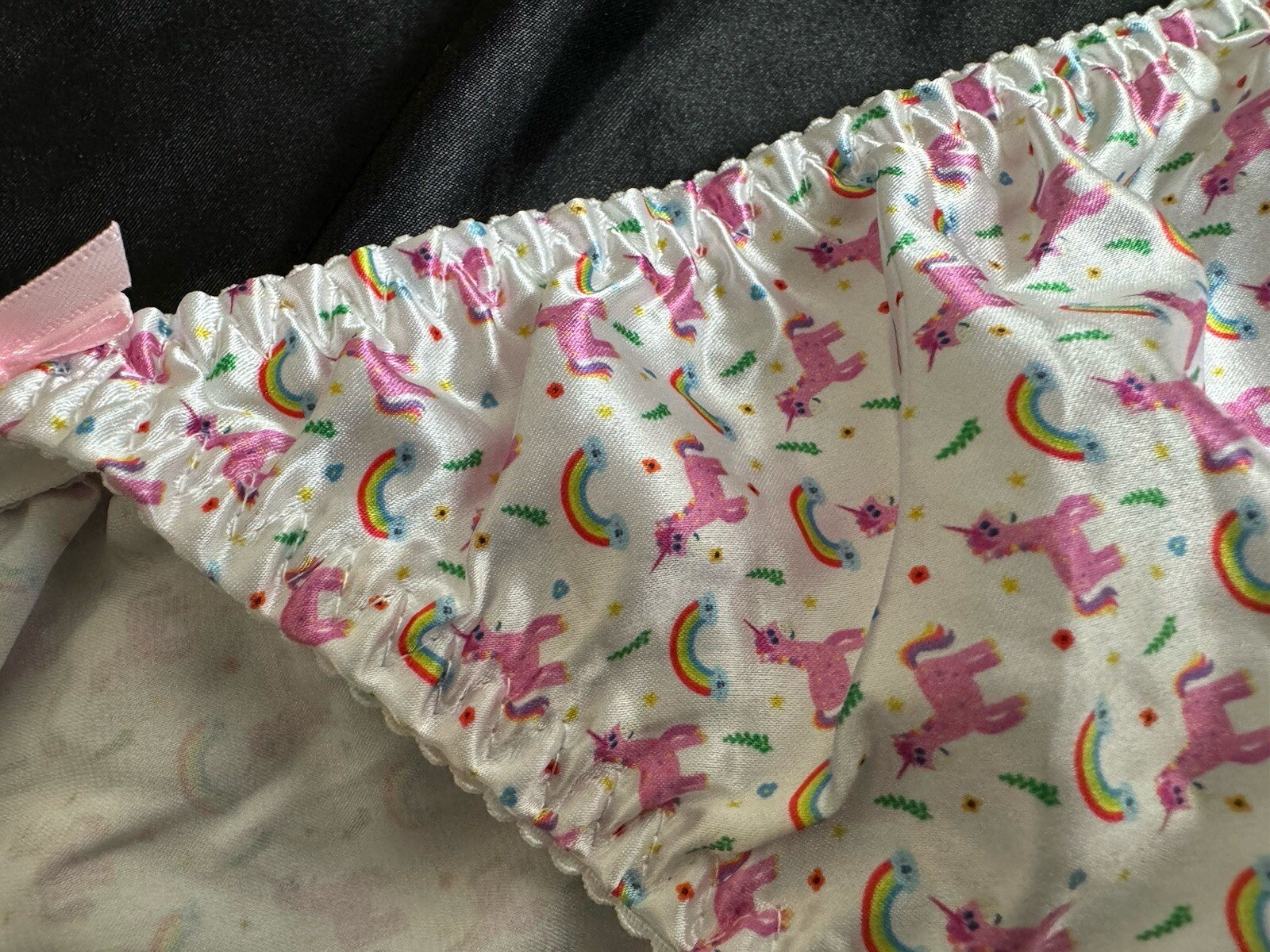 Handmade Shiny satin string bikini panties Satin Gusset Unicorn Rainbow 2XL