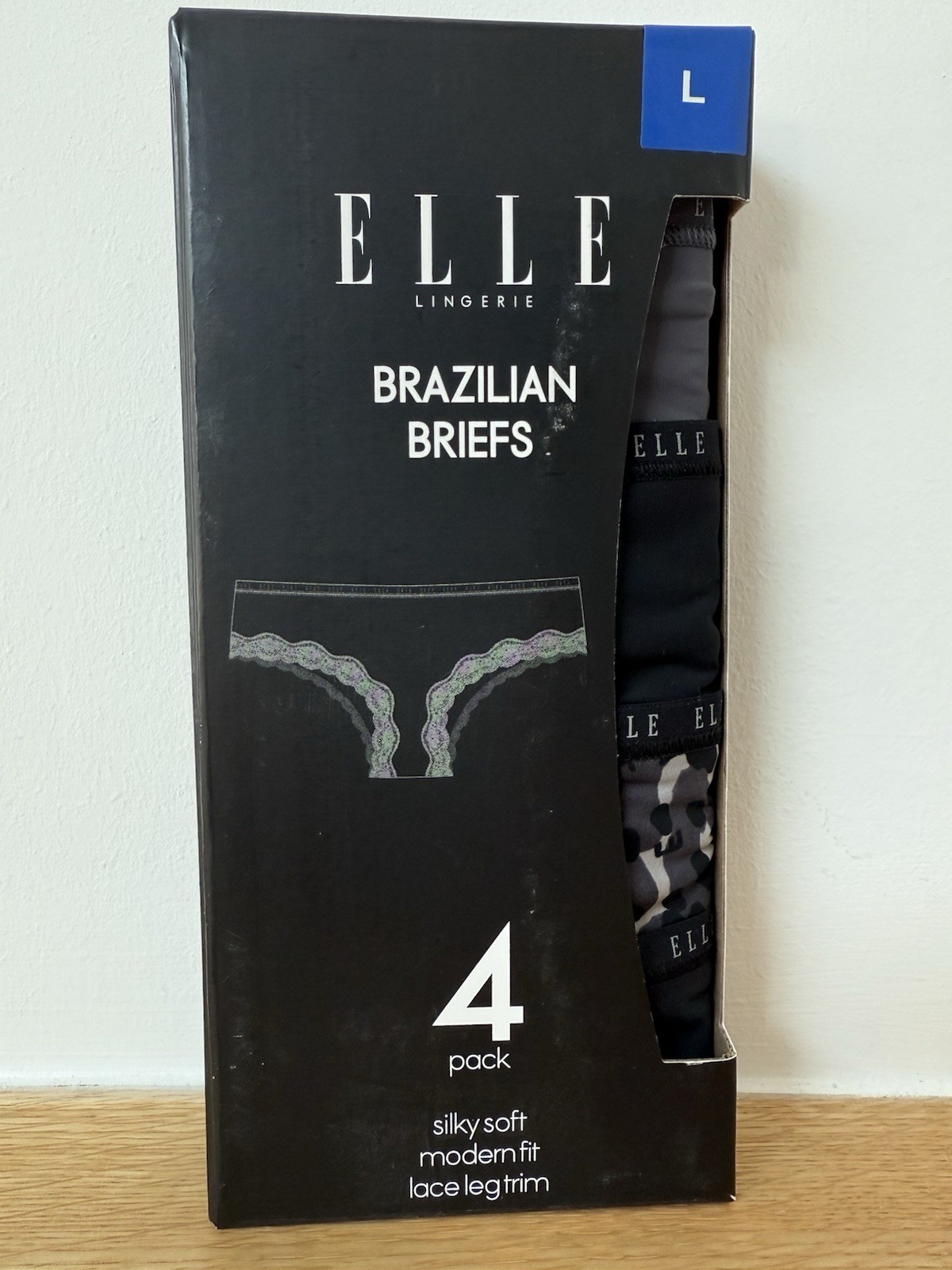 Elle Lingerie 4 Pack Brazilian Briefs – Large Size 14 – Black & Grey – New