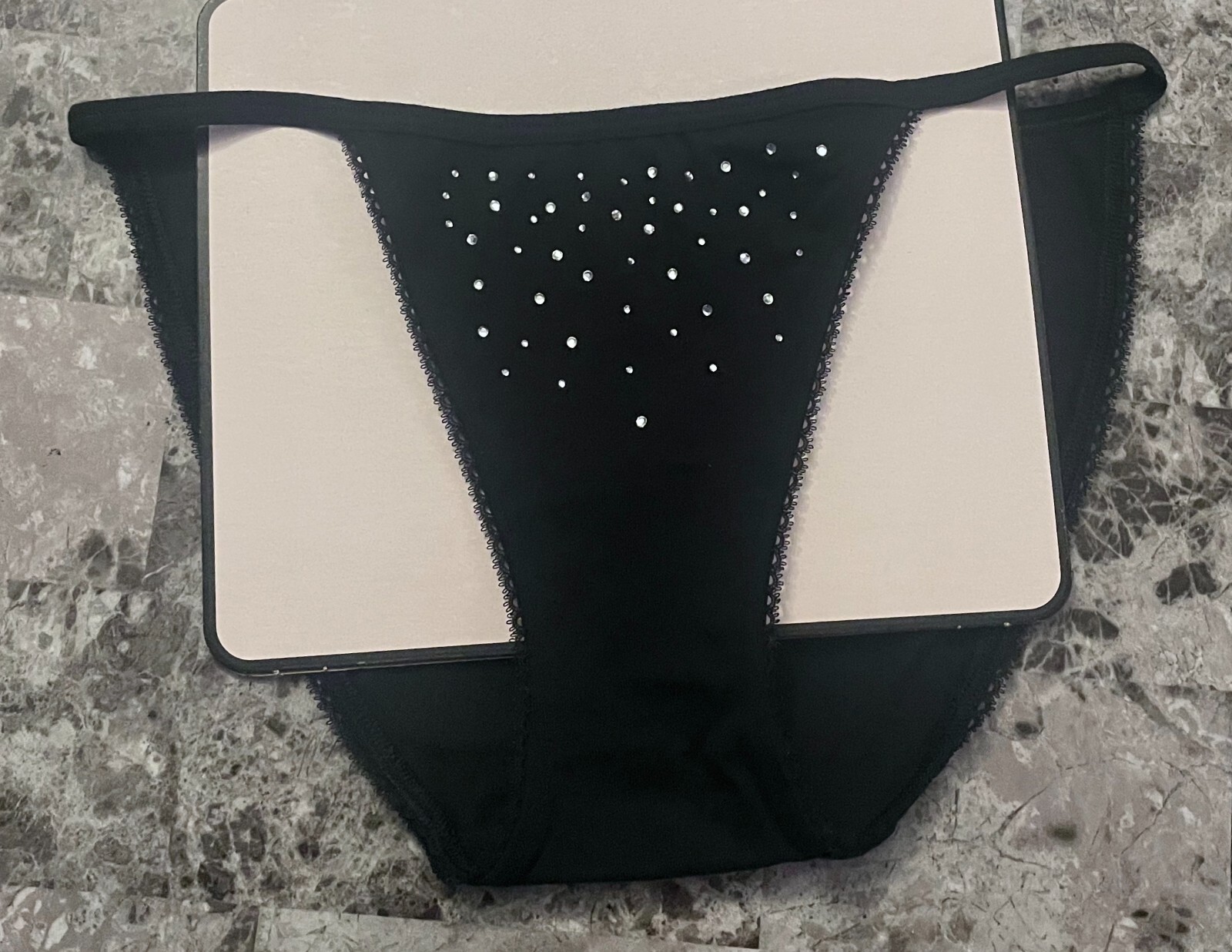NWT VICTORIA’S SECRET BLACK SILVER RHINESTONE PICOT STRING BIKINI PANTIES