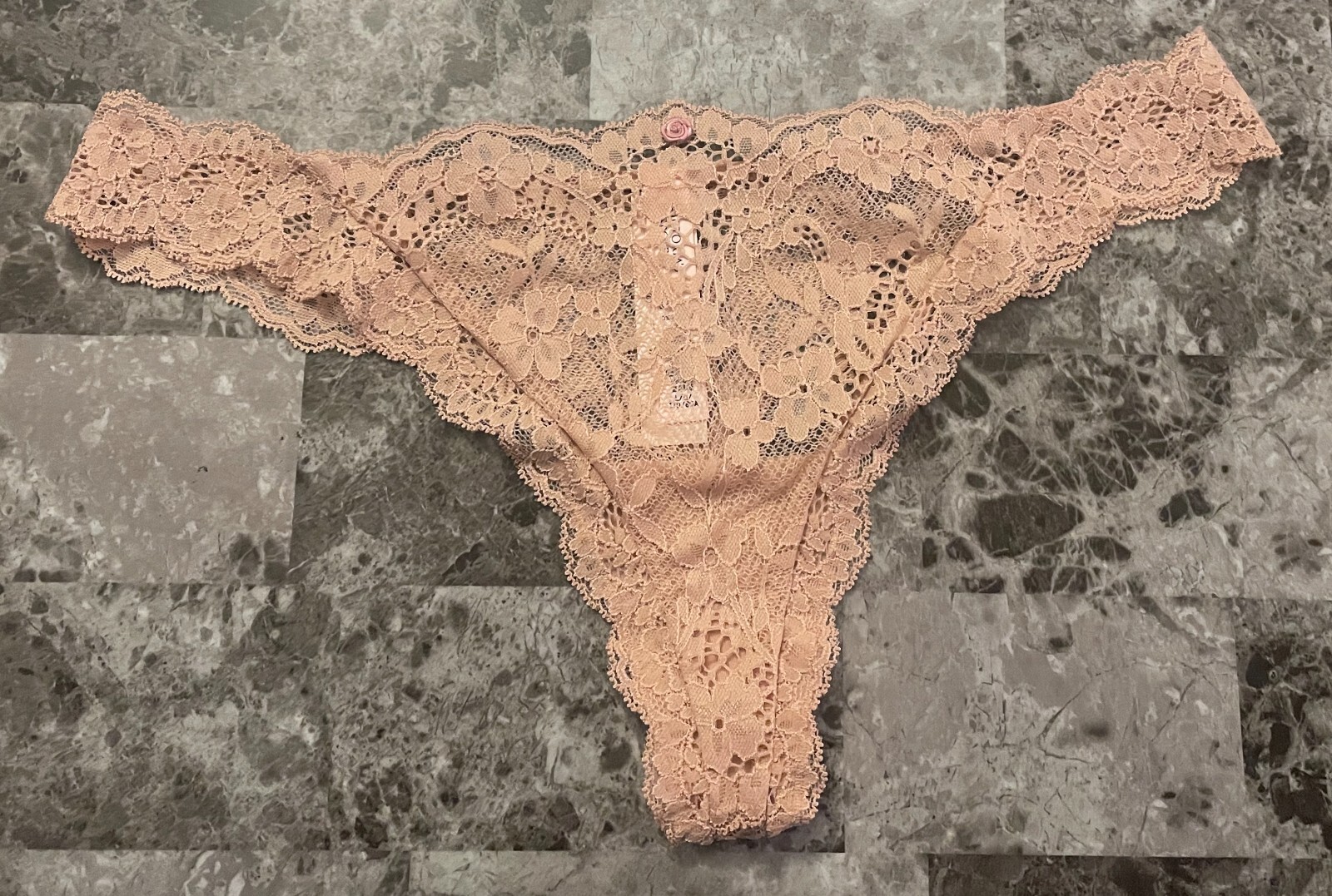 NWT VICTORIA’S SECRET L BEIGE NUDE LACE PINK ROSE FLORAL APPLIQUE THONG PANTIES