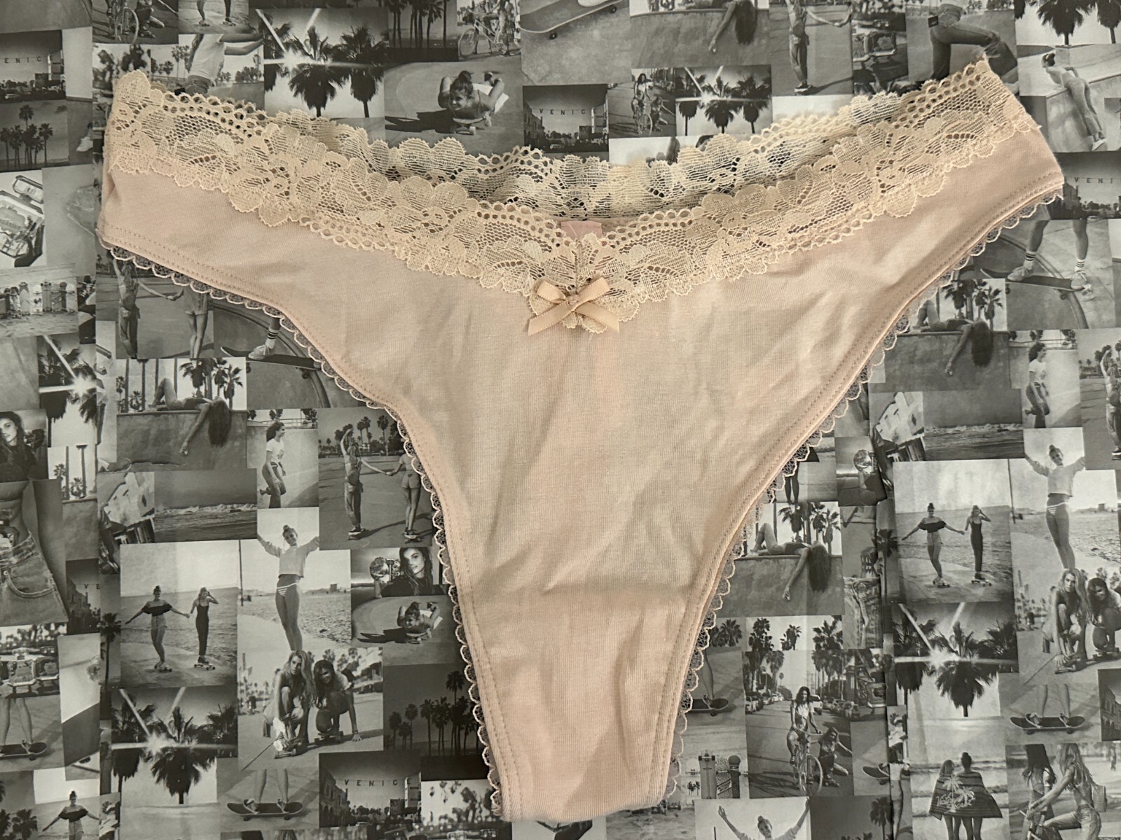 NWT Victoria’s Secret Stretch Cotton Lace-Waist High-Leg Thong Panty Marzipan M