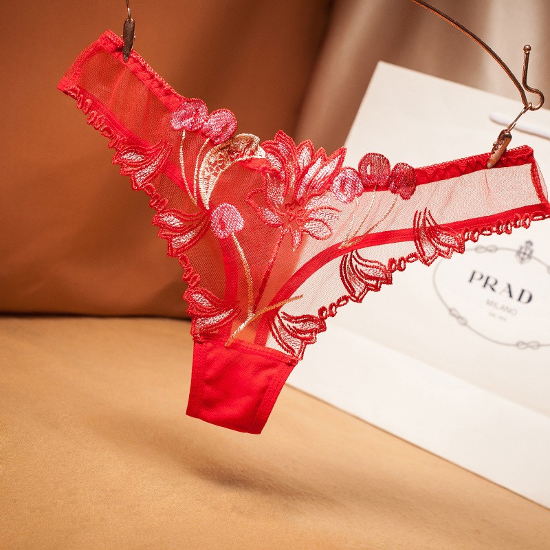 Womens Red Sheer Mesh Thong Floral Embroidery Cotton Crotch Low Rise Knickers