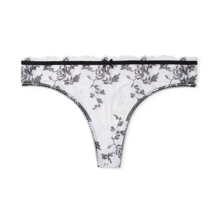 Victoria Secret Panty Thong Large Black White Embroidered Dream Angels Lace New