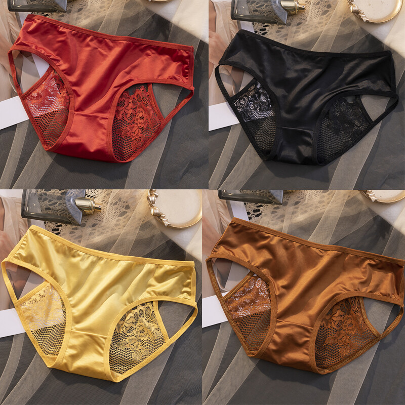 4PCS/LOT Sexy Womens Satin Panties Briefs Cheeky Sheer Lace Underwear Lingeries