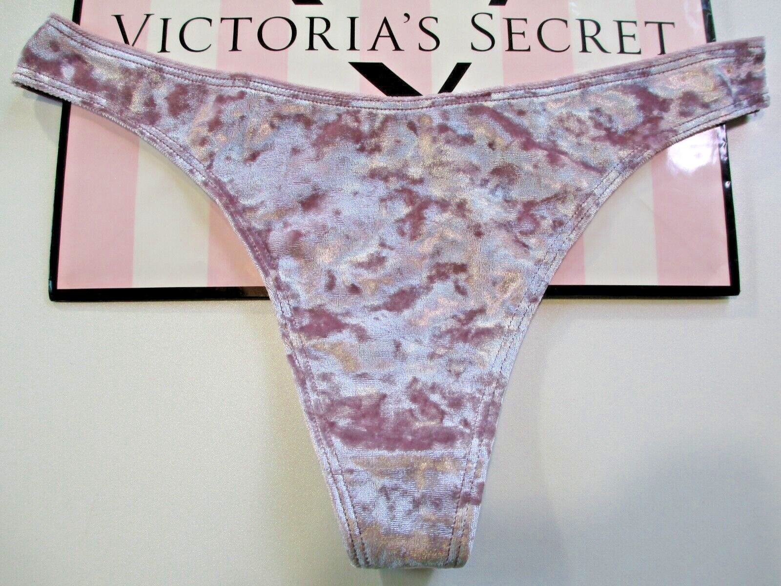 VICTORIA’S SECRET PINK Crushed Velvet Thong Panty VS Purple Mauve Ice L XL