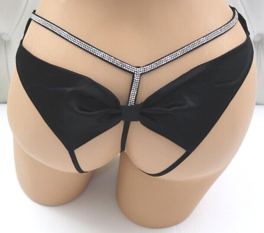 Victoria’s Secret VS Rhinestone Shine Bow Satin Open Back Brazilian Panty Black