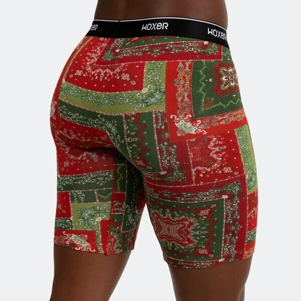 Woxer Women’s Mid-Rise Lightweight Biker Shorts Holiday Bandana Ltd. Ed Size XL
