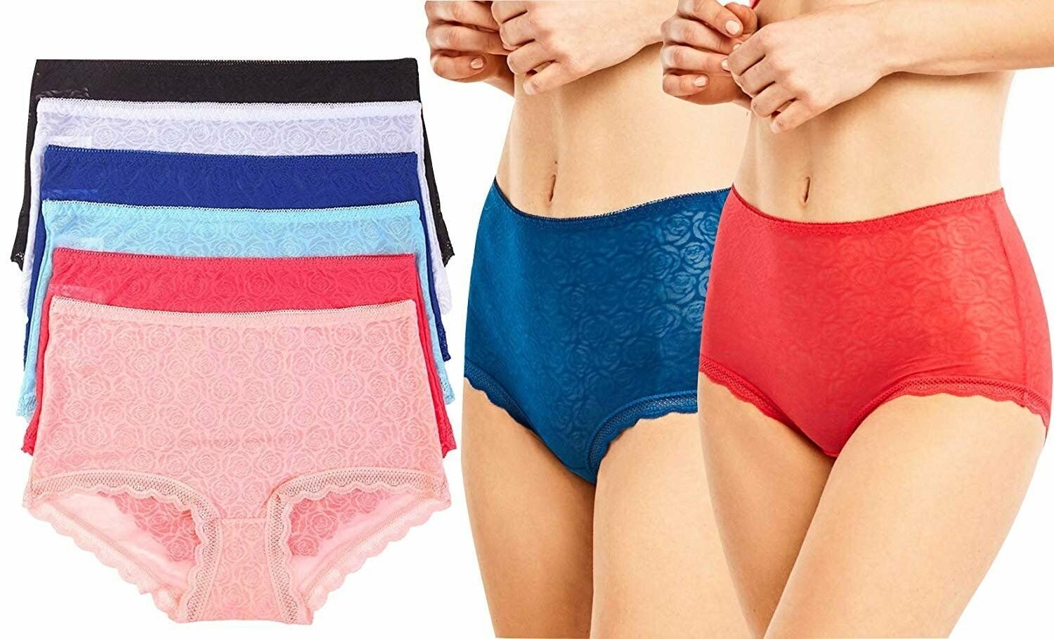 ToBeInStyle Women’s 6-Pack Lovely Lace Mid Rise Ruffled Trim Hipster Panties