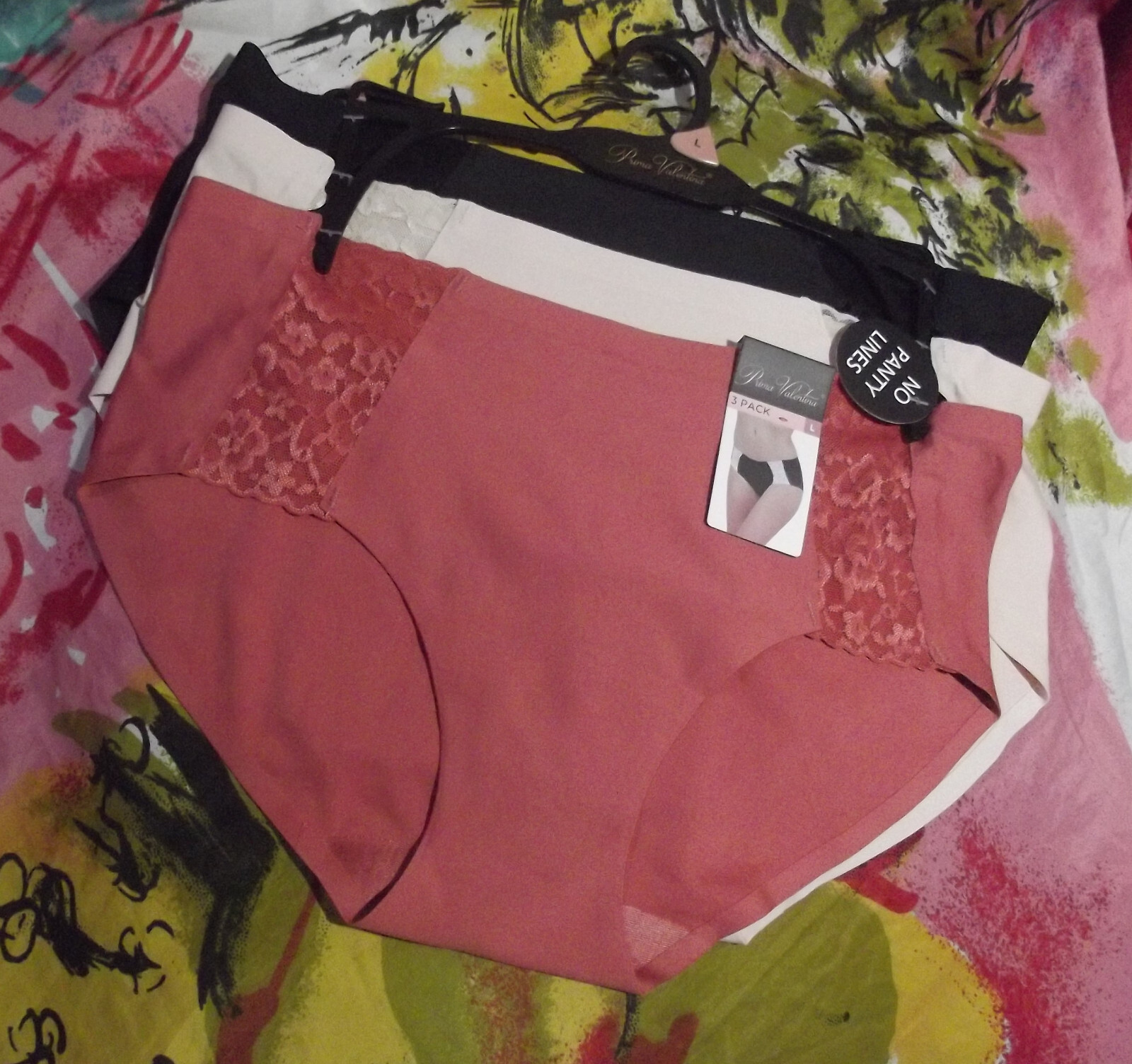 3 NEW PRIMA VALENTINA 851460 CP/BG NO PANTY LINES MF LACE TRIM HIPSTER PANTIES L