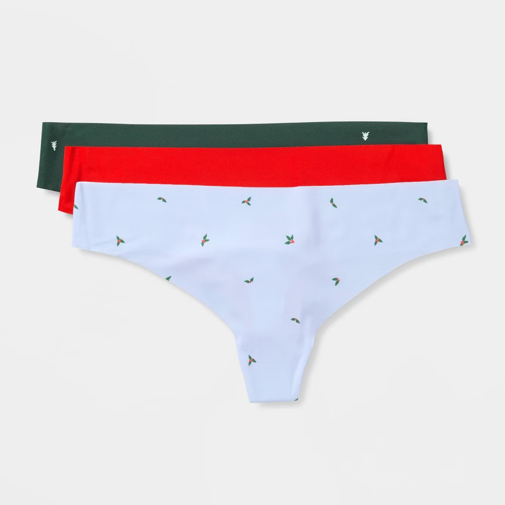Women’s 3pk Laser Cut Thong Holiday Underwear – Auden, Red/Green/Blue, M