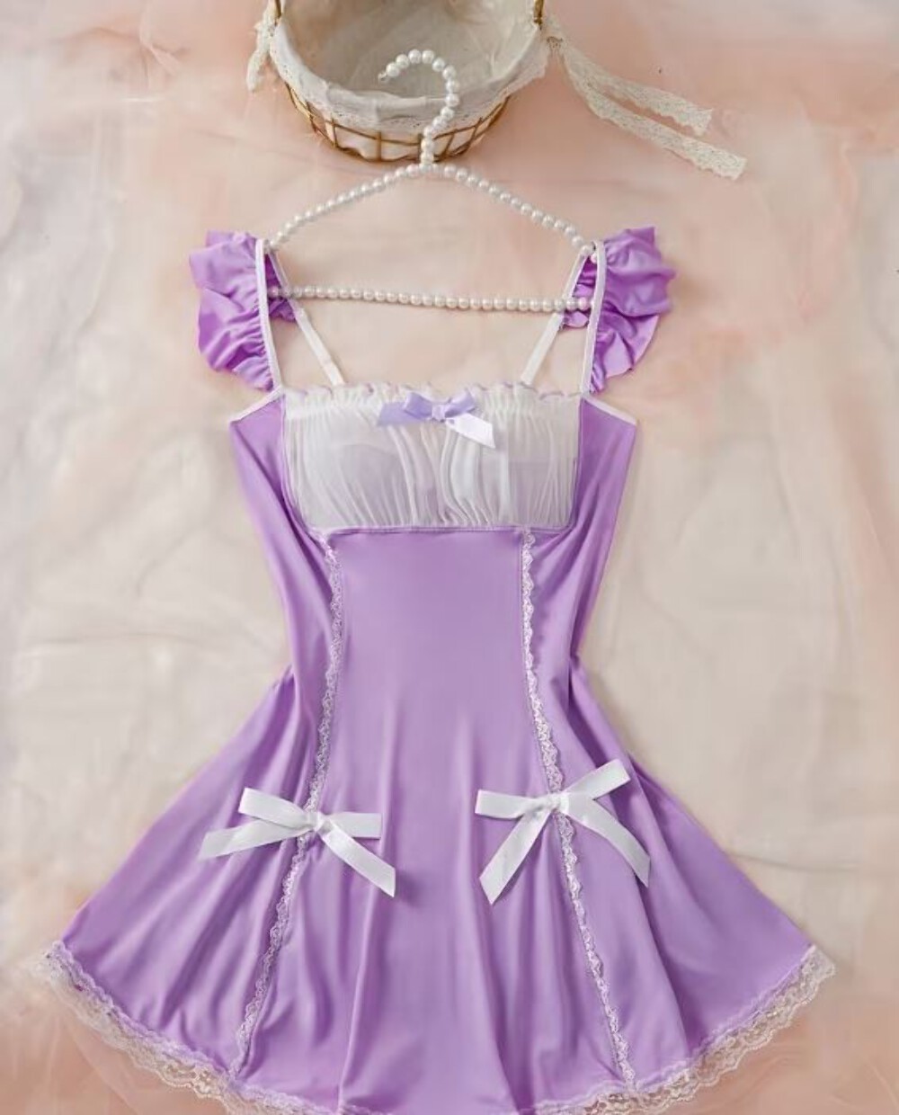 Lilac Satin Babydoll Nightdress Lace Trim Bow Chemise Lingerie size L 12-14