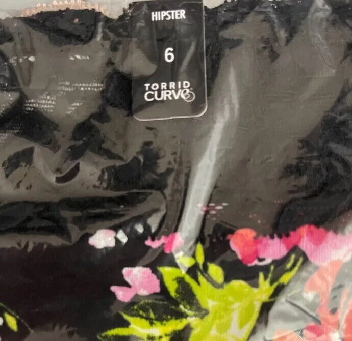Torrid +6 Black Floral Wide Lace Scallop Waistband/Trim Cotton Hipster Panties