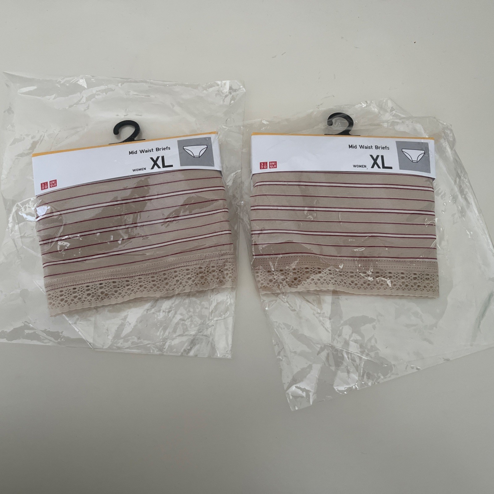 2 PRs UNIQLO SIZE XL MID WAIST BRIEFS UNDERPANTS -31 Beige stripe-43-45” HIP £16