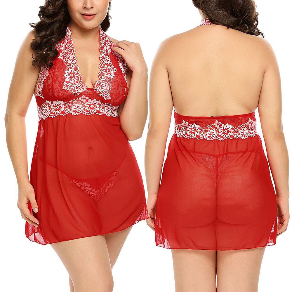 Red Women Sexy Lingerie Lace Dress Valentine’s Underwear Babydoll Sleepwear Set