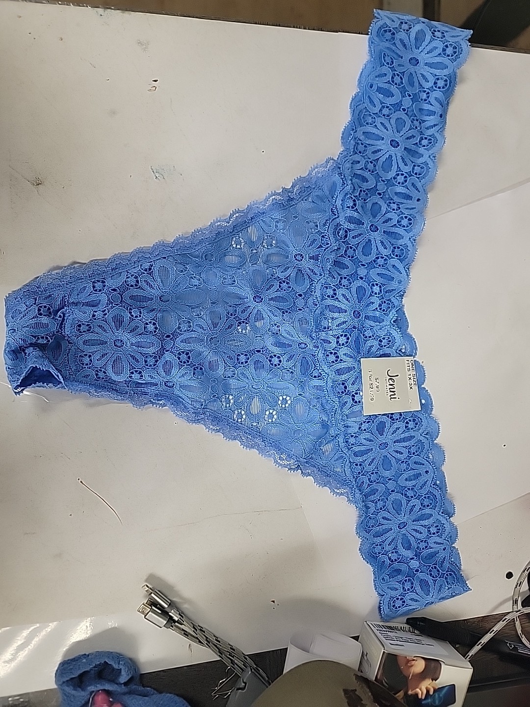 Jenni One Size Fits 1x-3x Marina Blue Lace Thong