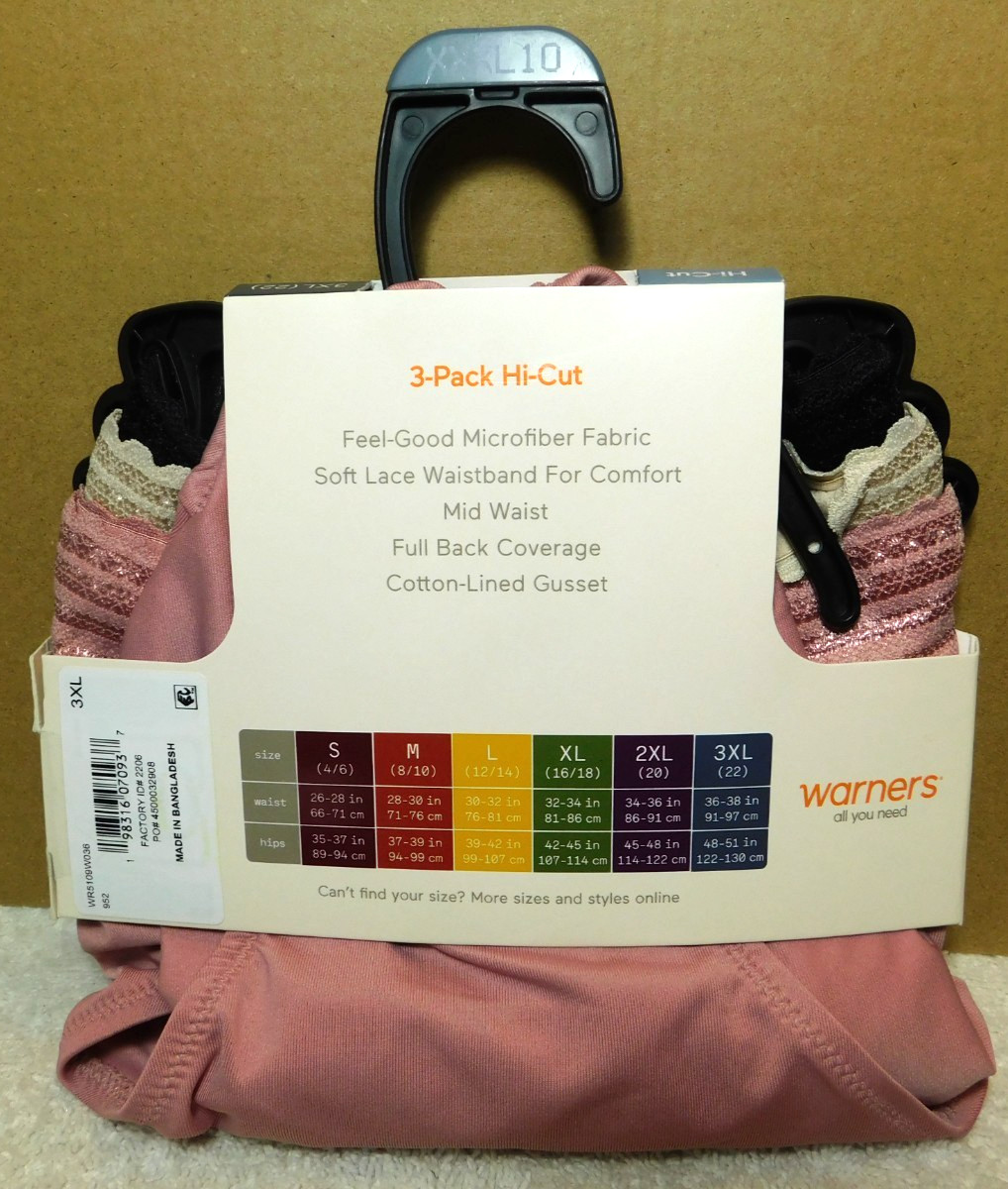 Warners~Woman’s Dig-Free Comfort Waistband Hi-Cut 3 Pk. Panties Size XXXL10 (DG)