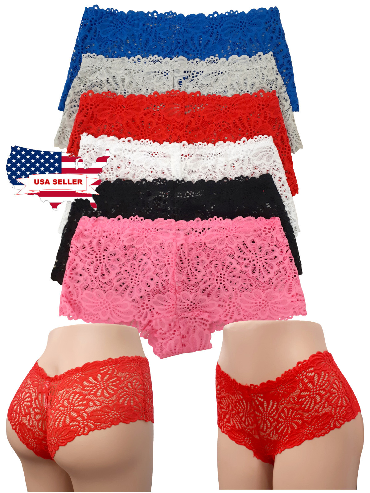 6 Ladies boyshorts Panties SEXY FRENCH LACE Cheekies Underwear S, M, L, XL