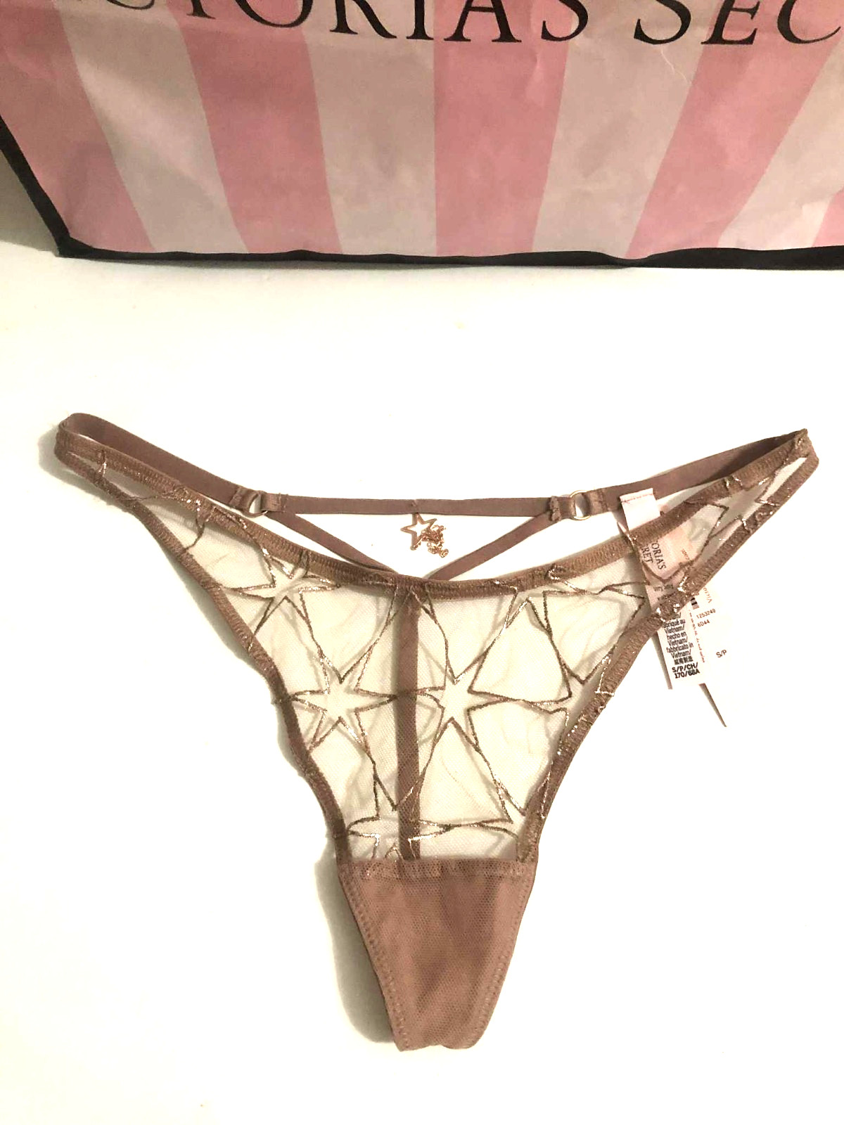 Victoria’s Secret V-String Lace Thong Panty Rose Gold Stars NWT