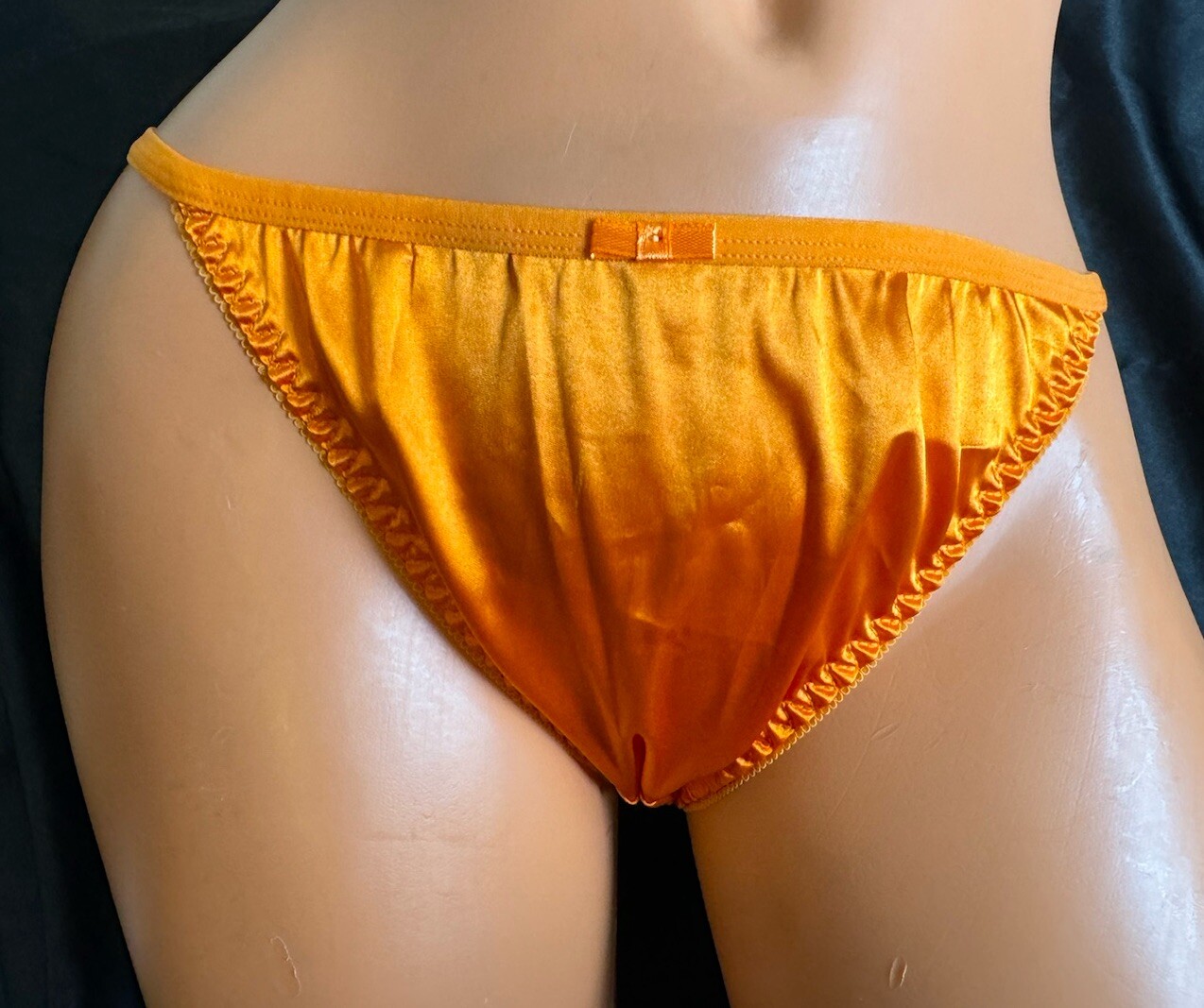 Bright Fall Orange Satin String Bikini Panties Delicate Lace Back Sz Medium