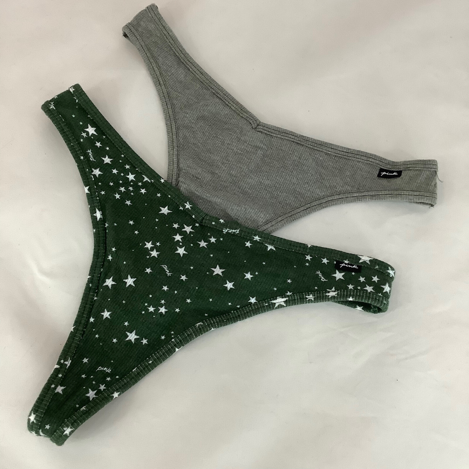 2 X Victoria’s Secret PINK Ribbed Thongs Green Khaki Star Print – Size L – BNWT