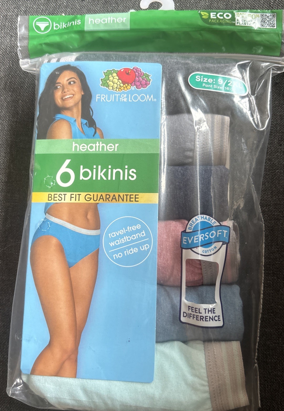 Women’s Size 9/2XL Fruit Of The Loom Heather Bikinis 6 Pack Panties