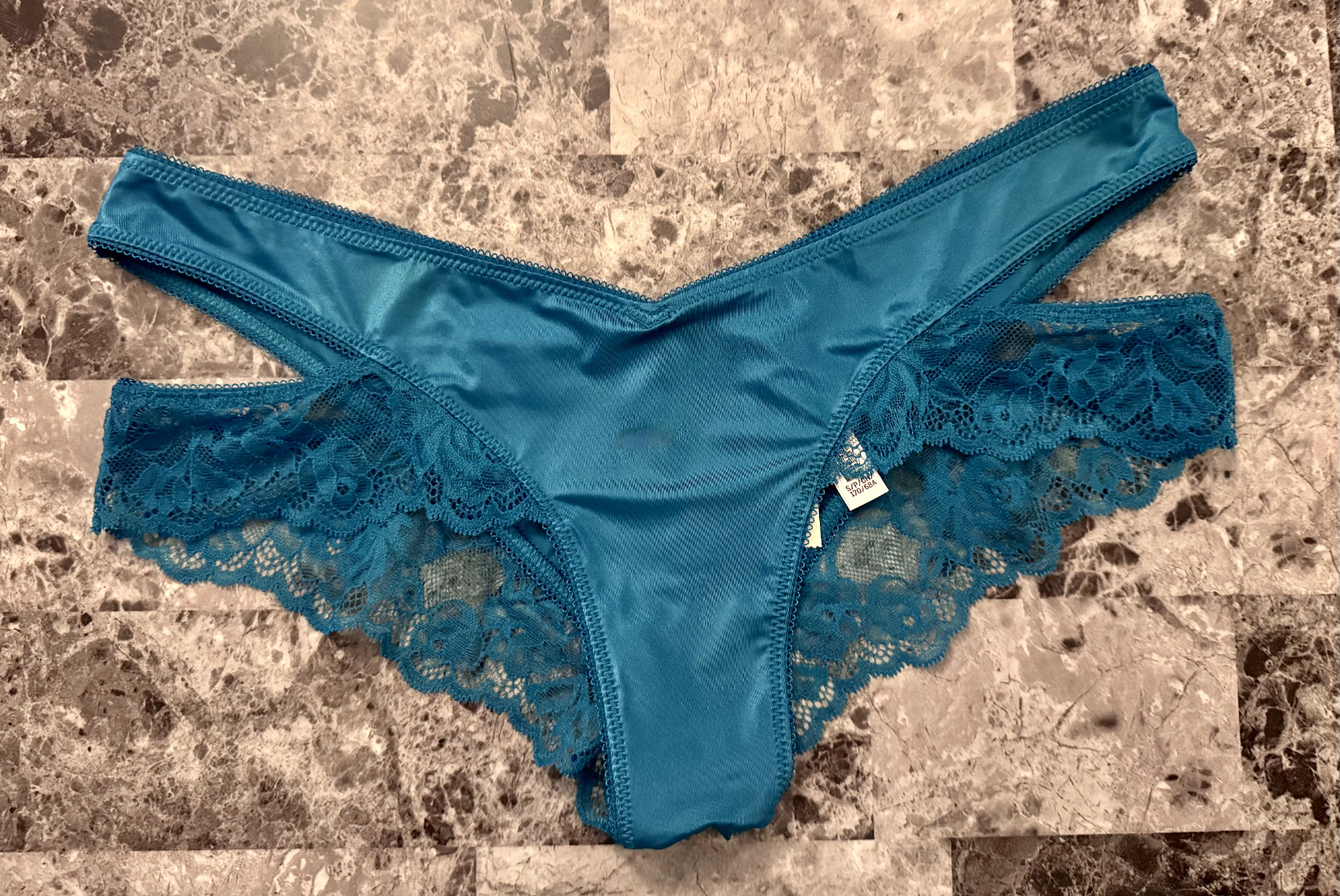 NWT VICTORIA’S SECRET TEAL BLUE SATIN SMOOTH STRAPPY FLORAL LACE CHEEKY PANTIES