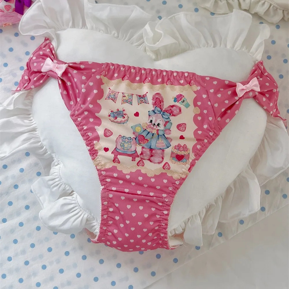Cartoon Print Panties Mid Rise Bow Ruffle Breathable Women’s Underwear