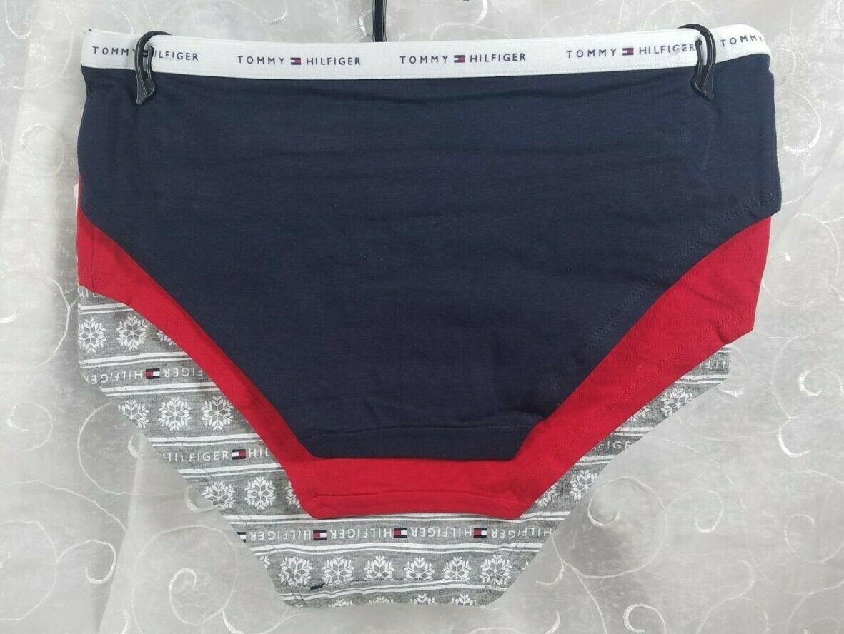 Tommy Hilfiger 3Pk Hipsters Cotton Stretch M Gray w/ Snowflakes, Solid Red Navy