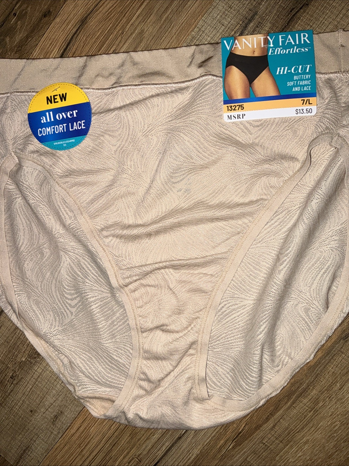Vanity Fair Effortless HI-Cut Buttery Soft Fabric & Lace Panty 13275 NUDE Sz-7/L