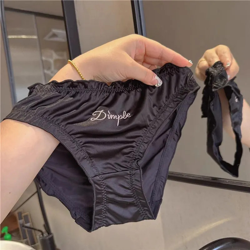 Satin Panties Low Rise Letter Print Soft Breathable Comfortable Women Underwear