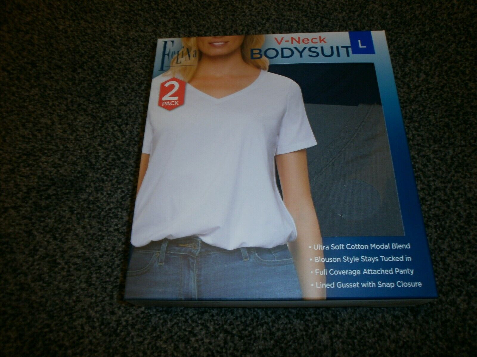 Felina 2 Pack V-Neck Bodysuit Blouson Style Full Coverage Ultra Soft SIZE L