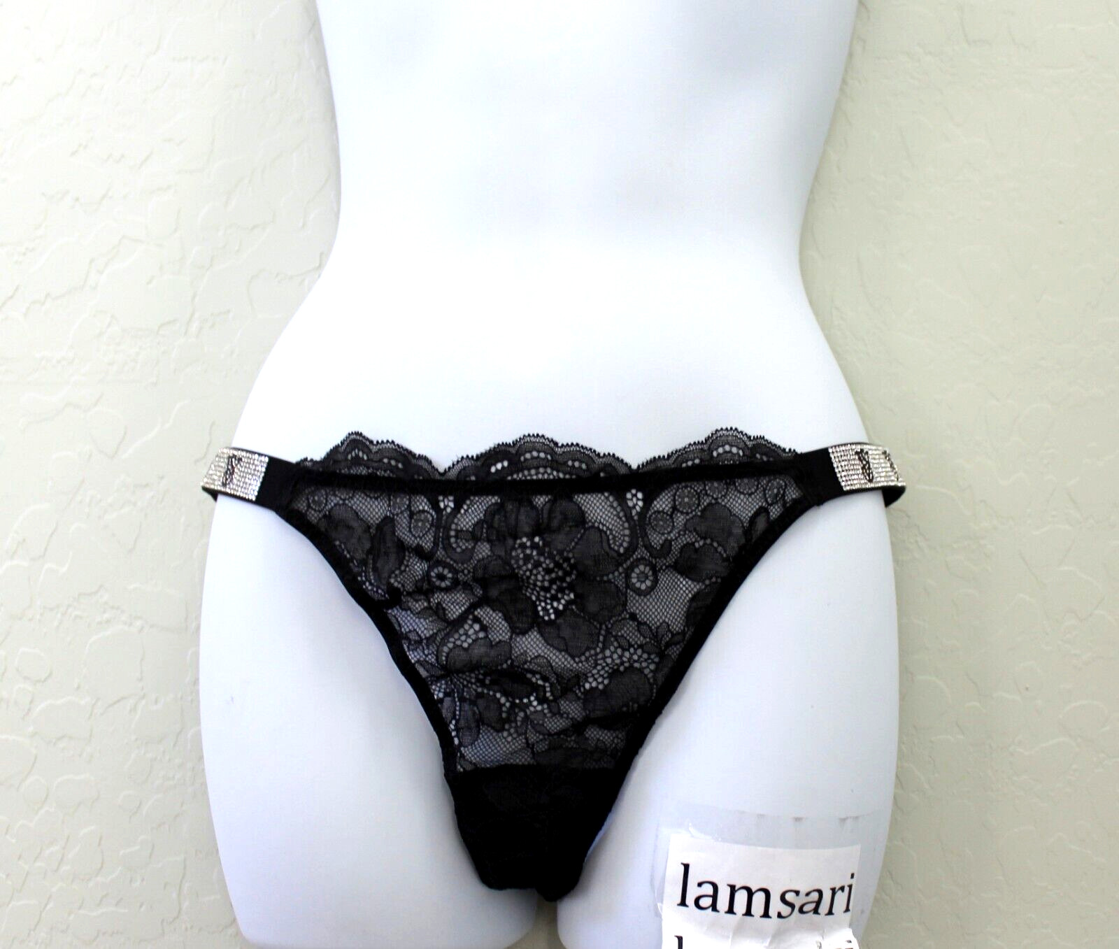 Victoria’s Secret Shine Rhinestone Logo Strap Lace Brazilian Panty Black Size M