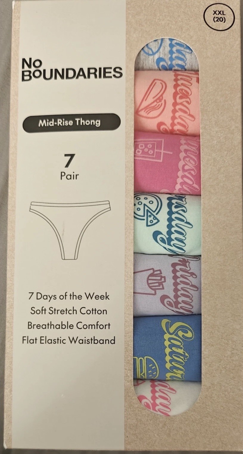 No Boundaries XXL Mid-Rise Thong Panties 7 Pair 7 Days Of The Week Pack