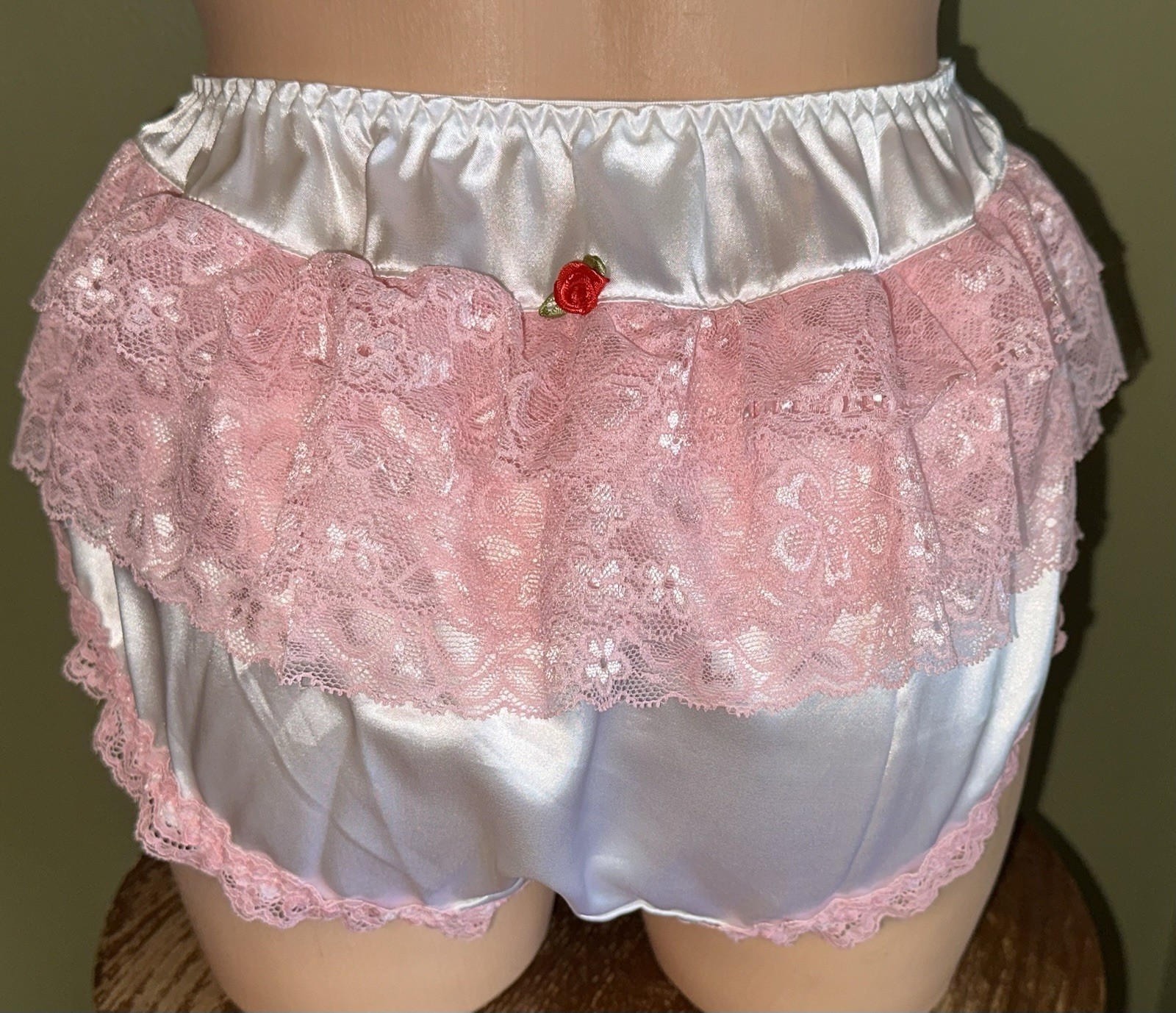 Glossy White Satin w Tired Pink Lace Bum Brief Panties Knickers XL NEW Sissy