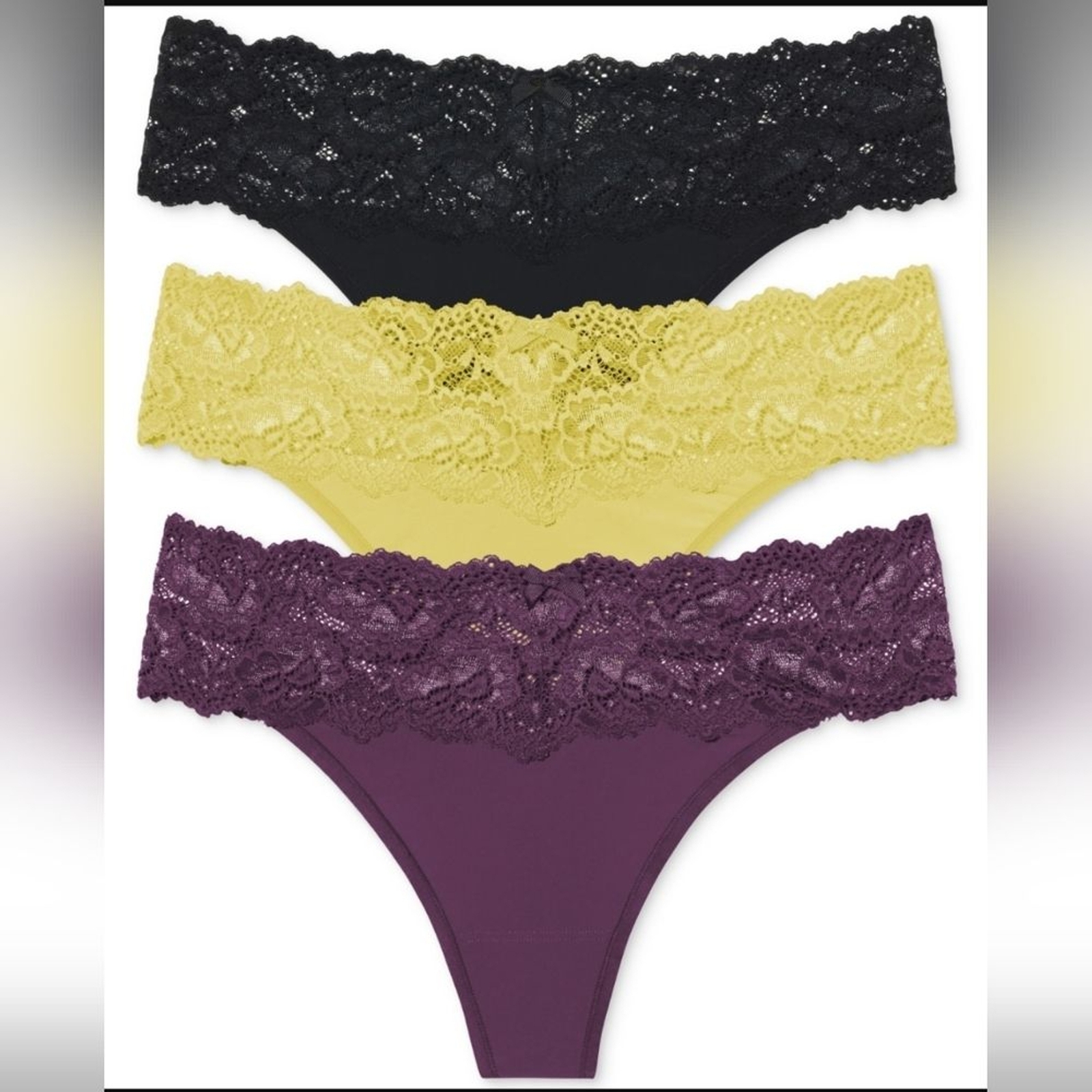 Skarlett Blue 3-Pack Goddess Lace Thongs in Black/Yellow/Purple Size L