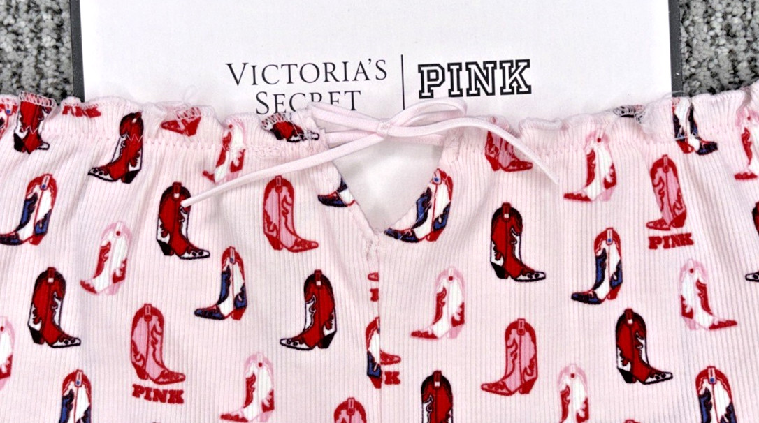 Victorias Secret PINK NWT Medium Pink Cowgirl Boots Boyshort Panty Ruffle Cutout